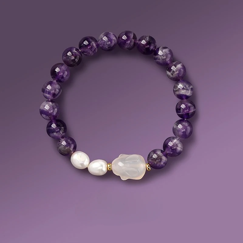 

UMQ Natural 18K Gold Amethyst Bracelet Pearl Agate Zodiac Year Rabbit Bracelet Gifts for Girlfriend