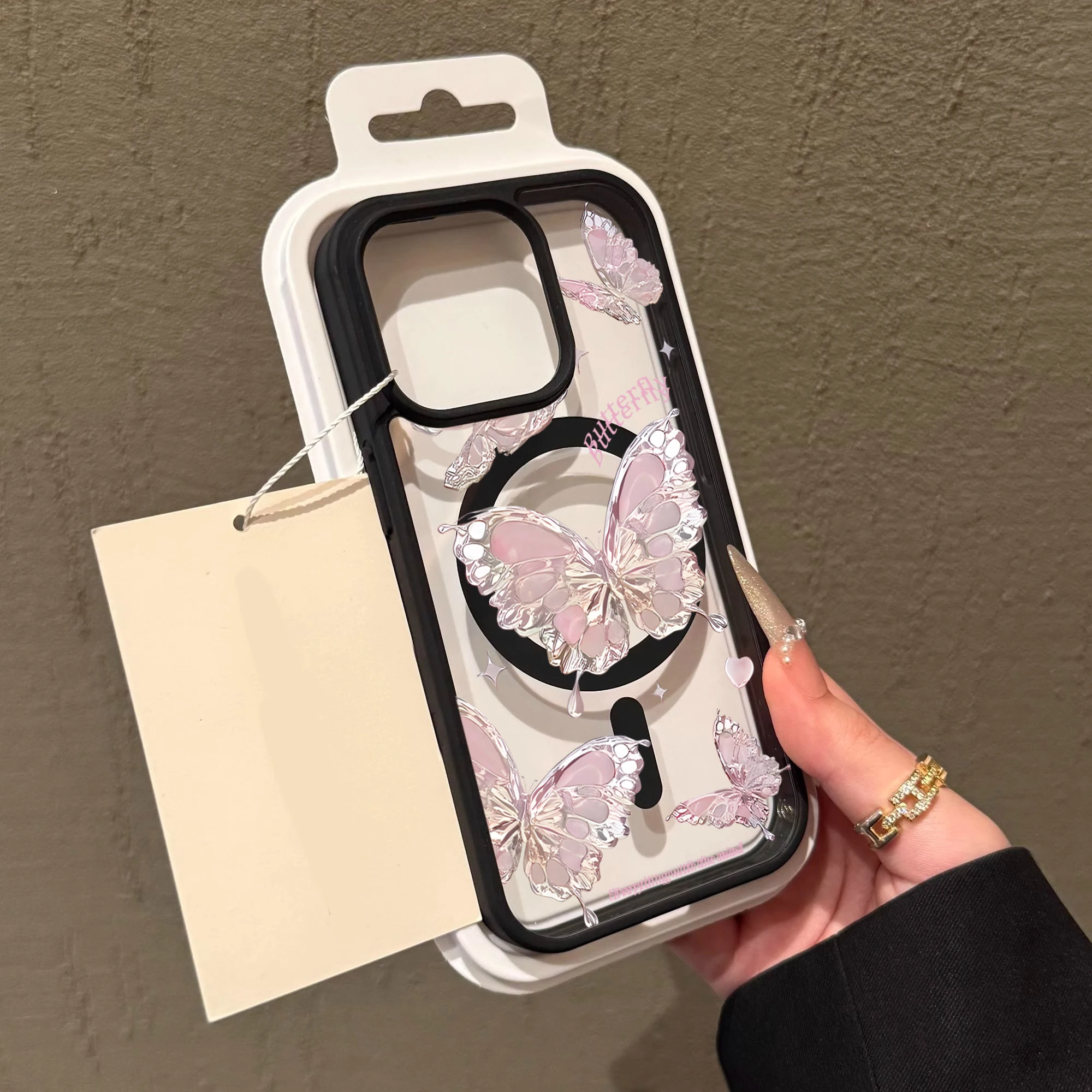 Niedliche Rosa Schmetterling Transparente Hülle für iPhone 17 16 11 15 14 Pro Max 13 12 Plus Hüllen für Magsafe Kabelloses Laden Luxus-Schutzhülle – Detail 2