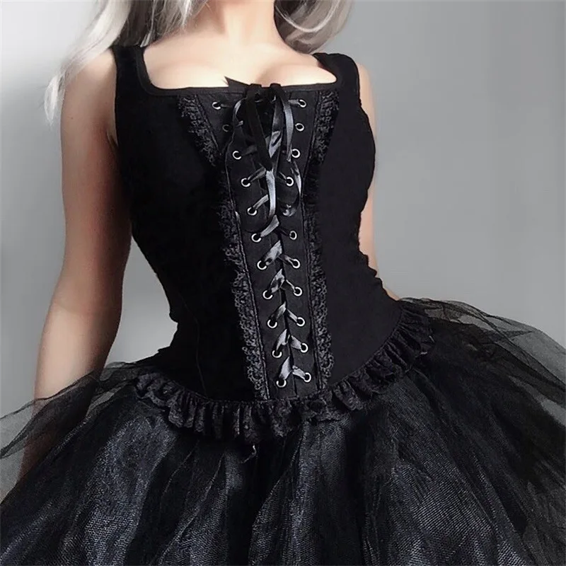 

Women's Summer Square Neck Camisole Sexy Strappy Design Dark Fashion Knit Lace Sling Top
