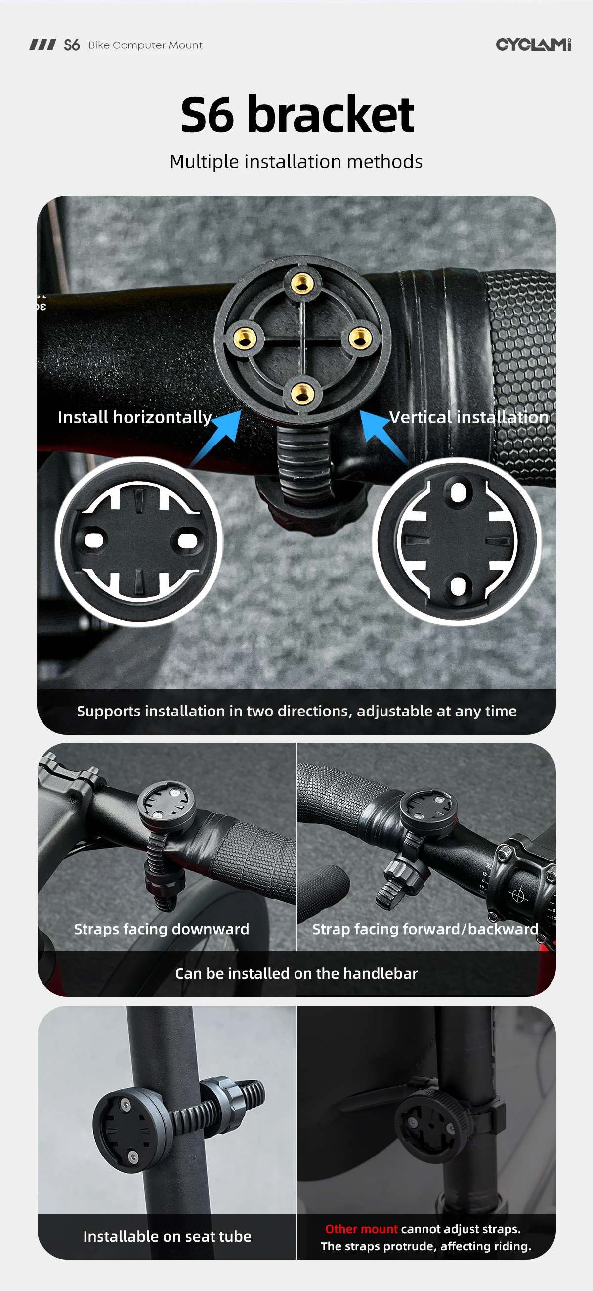 CYCLAMI S6 GPS Fahrradcomputer-Halterung, Scheinwerferhalterung, Rücklicht-Halterung für Lenker, Sattelstütze, Garmin, XOSS, IGPSPORT Zubehör – Detail 3