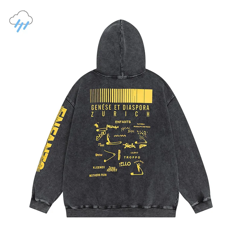 

Vintage Washed Black Oversized ERD Hoodie Hooded Yellow Letter Barcode Printing Enfants Riches Deprimes Pullovers For Men Women