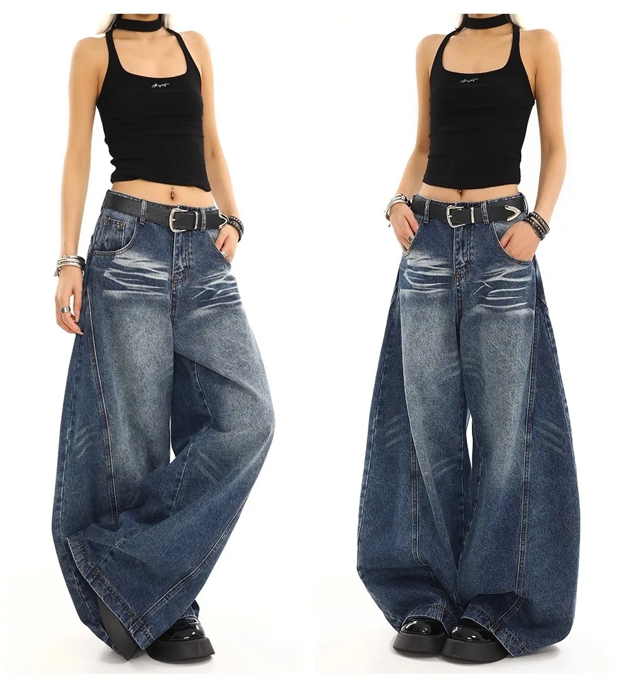 

Scimitar-cut three-dimensional wide-leg jeans for women American-style vintage Harajuku washed loose Y2K street wide-leg pants