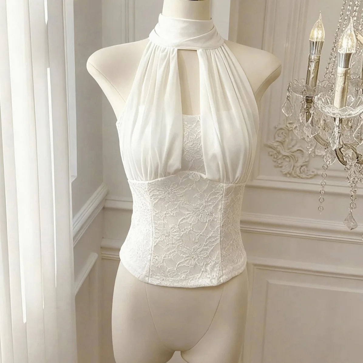 Korean Style Mesh Splice Hanging Neck Vest Women's Slim Fit Summer New Pure Desire Atmosphere Short Length Top Outerwear