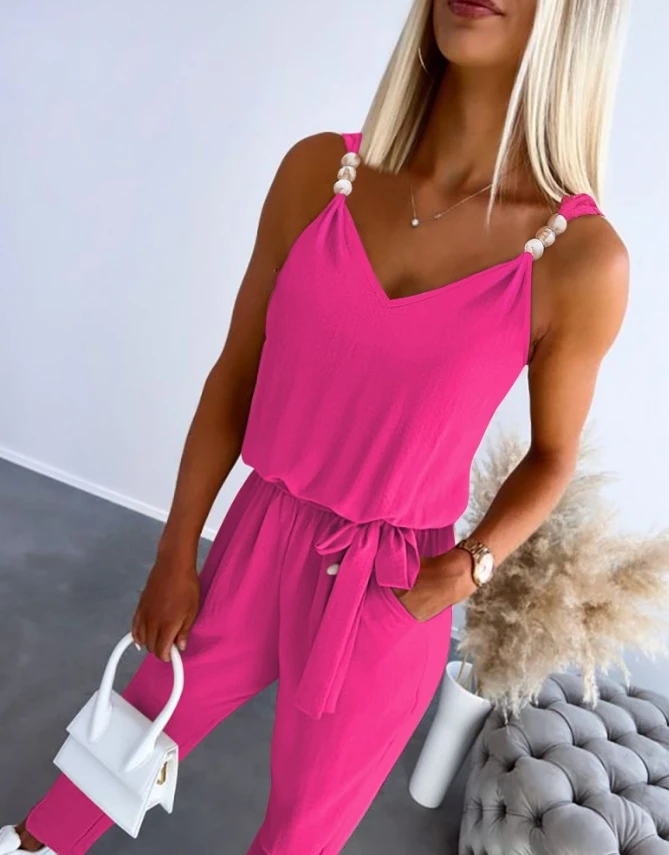 

Overall for Women 2024 Suspender Solid Color Sleeveless V Neck Pearls Decor Pocket Design Tied Detail High Waist Slim Jumpsuit