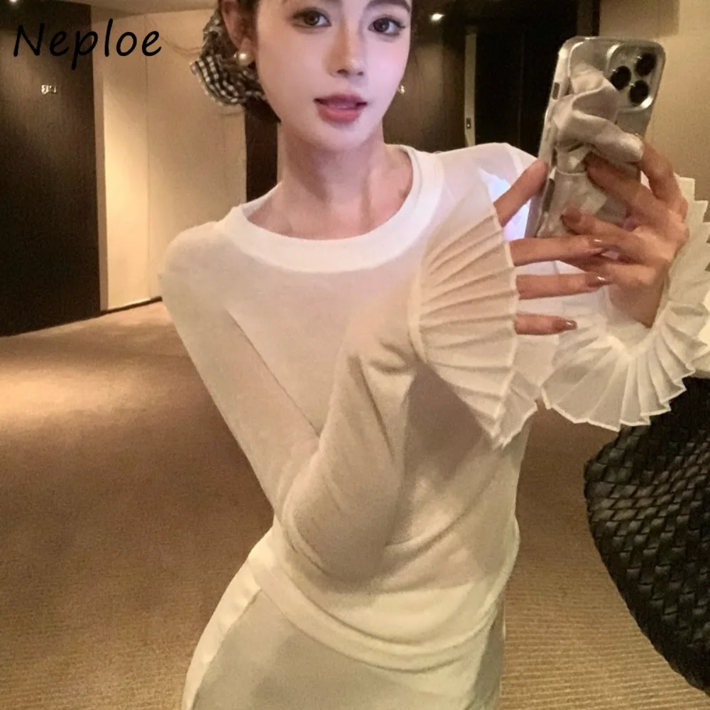 

Neploe Patchwork Solid Ruched Mesh T-shirt Spice Girls Sweet Sexy Flare Sleeve Slim Ropa Mujer Undershirt All-match Casual Tops