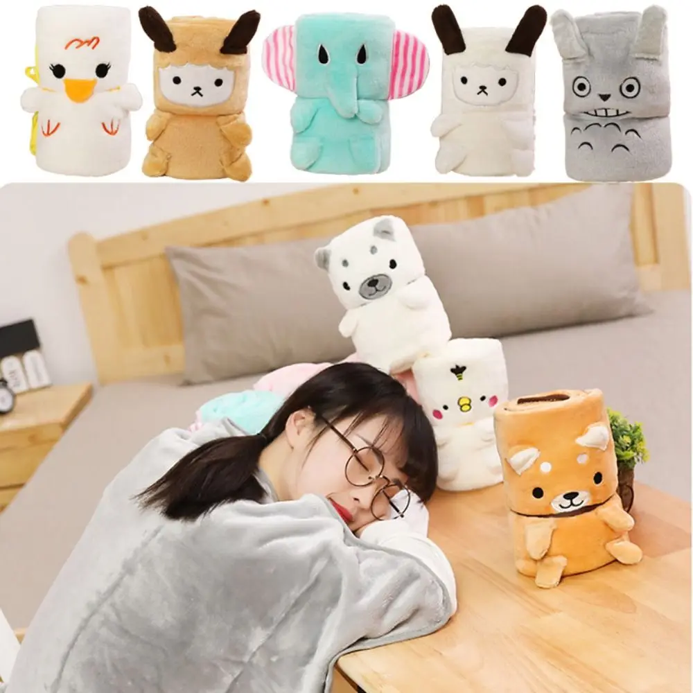 Soft Flannel Air Conditioning Blanket 100x80cm Roll Noontime Snooze Blanket Warm Cartoon Plush Wrap Shawl