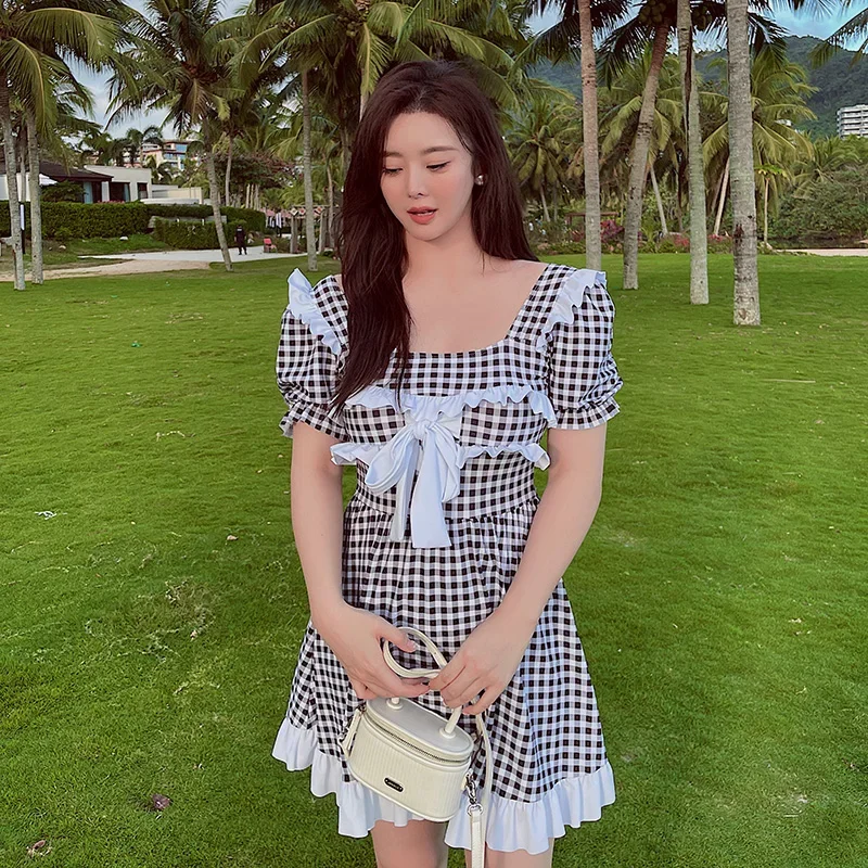 

Ruffle One Piece Swimsuit Women Sweet Lovely Plaid Swimwear Push Up Short Sleeve Swimwear Bathing Suit Wrap Korea Style 2023