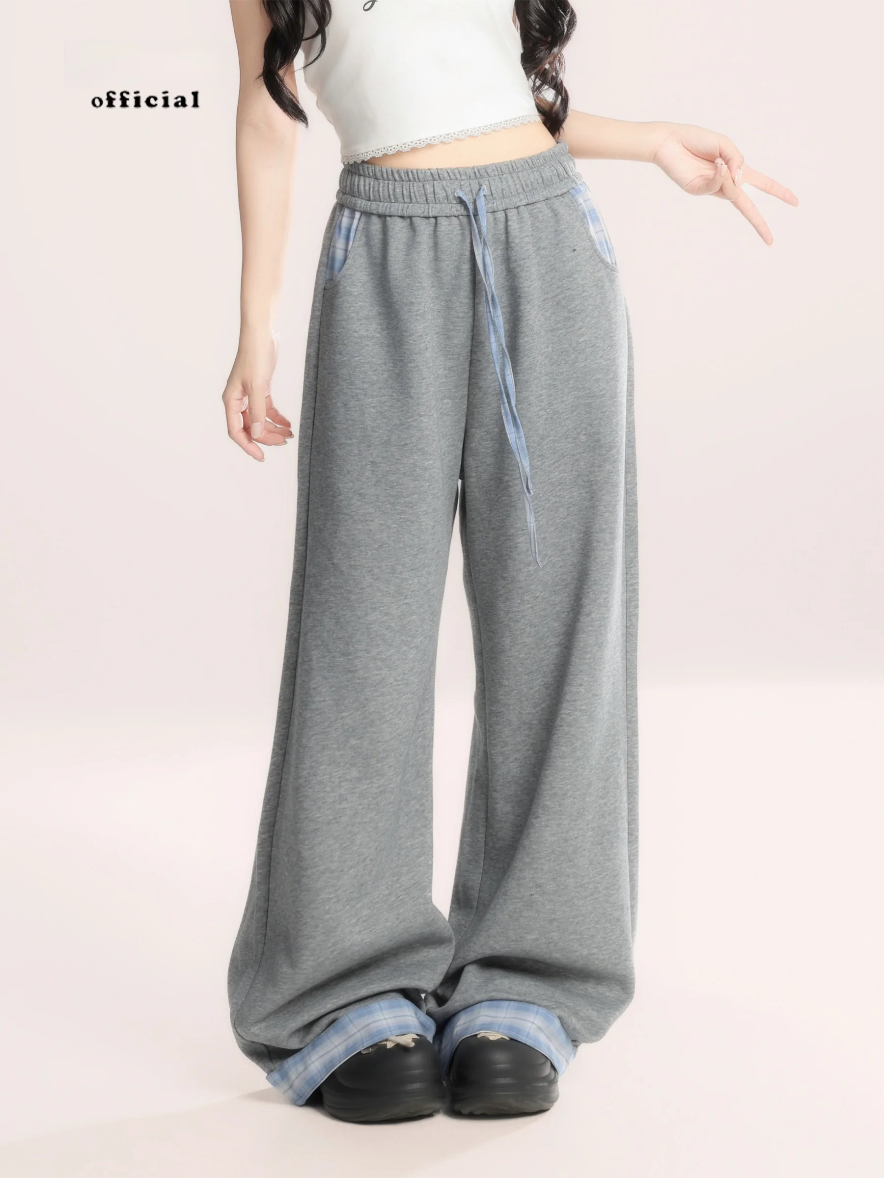 

American Lazy Sle Plaid Splicing Cuffed Sweatpants Women Loose Drapey Casual Pants Straight Leg Long Pants Casual Trousers