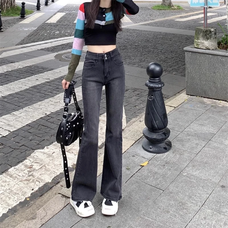 American vintage hundreds of micro flare jeans female spring new Slim thin high-waisted elastic flare horseshoe pants