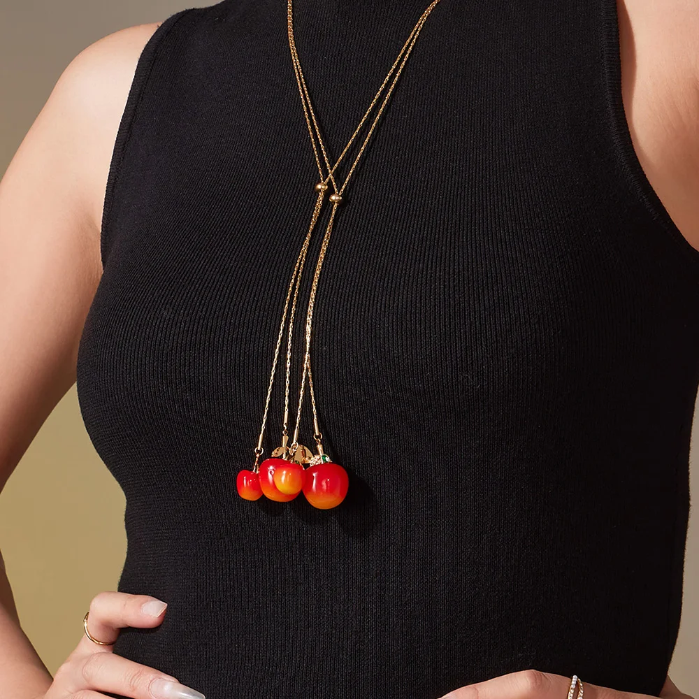 Милое красное ожерелье с подвеской в виде вишни для женщин, позолоченная цепочка из нержавеющей стали, 72 см, регулируемое длинное ожерелье, модные украшения