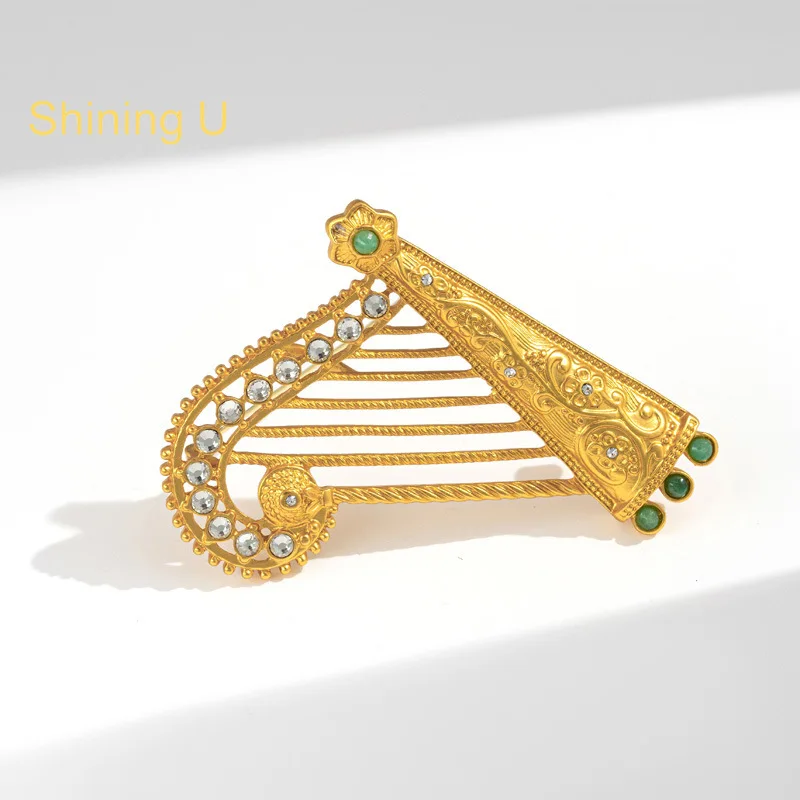 Shining U Vintage Gold Color Harp Brooch for Women Men Instrument Fashion Accessory Gift