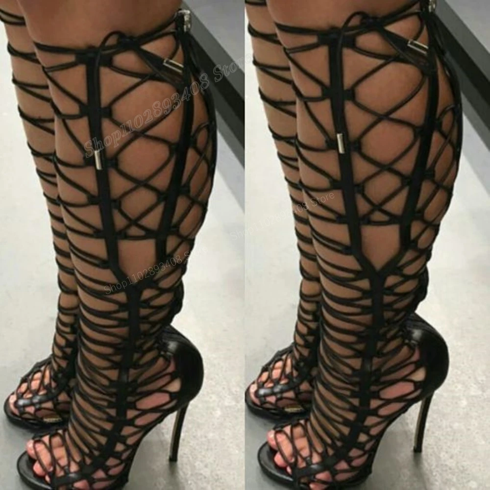 Black Cross Tied Hollow Sandal Boots Lace up Peep Toe Stiletto High Heel Women Shoes 2024 New Fashion Sexy Zapatos Para Mujere