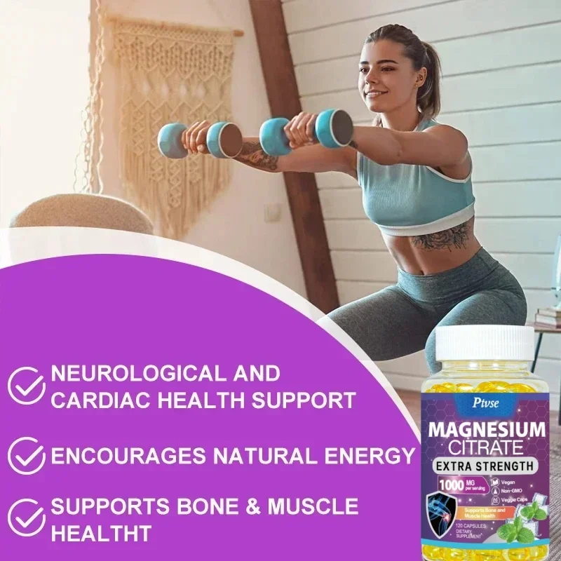 Ptvse Magnesium Citrate Capsules 1000 Mg - Maximum Absorption for Muscle, Nerve, Bone and Heart Health Gluten Free, Non-GMO