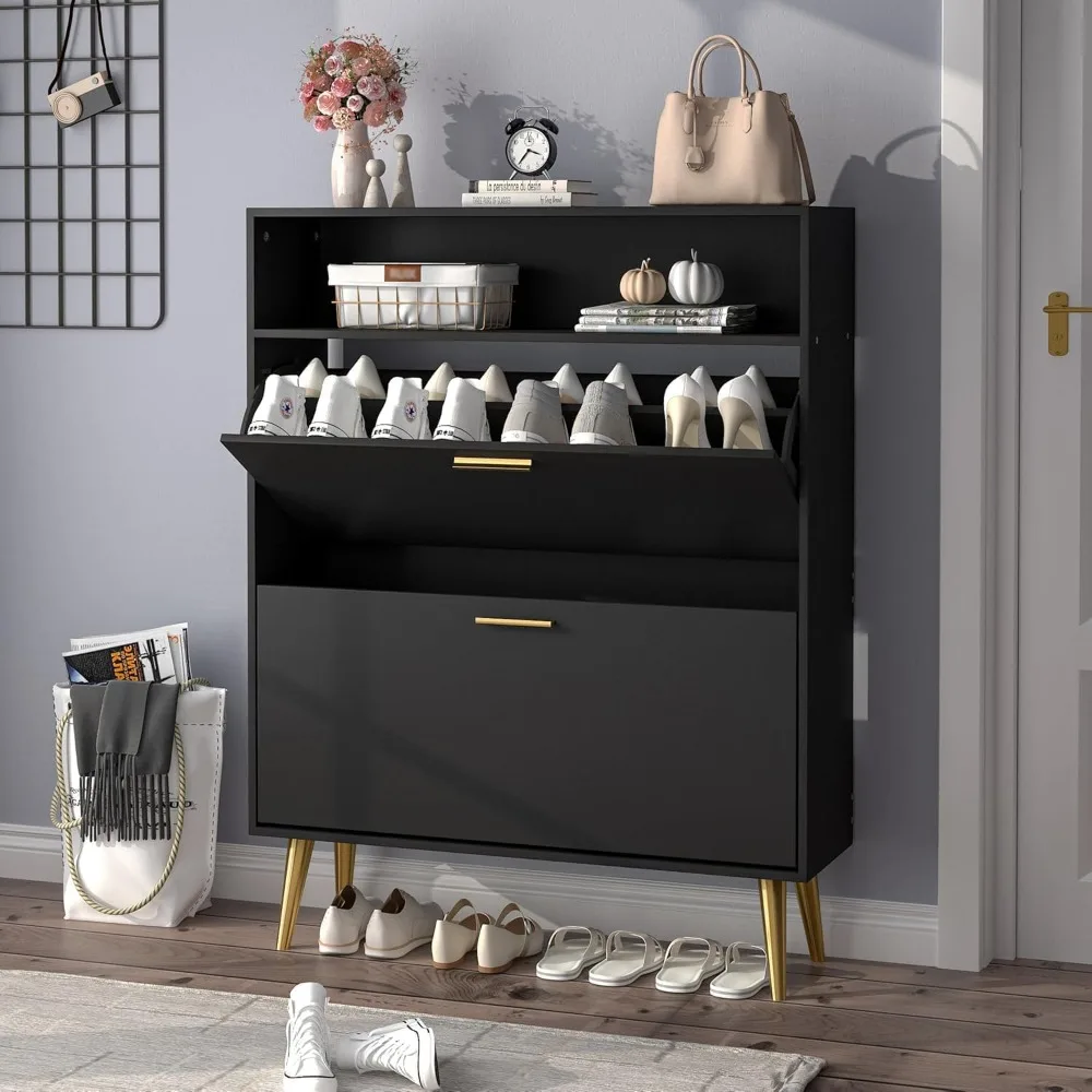 

Shoe Cabinet for Entryway, Black Narrow Shoe Storage Cabinet with 2 Flip Drawers and Open Shelves, Hidden Freestanding Sh