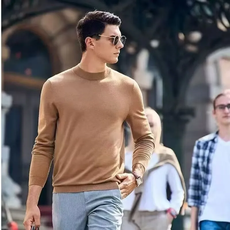 

Men's Semi High Neck Sweater Autumn And Winter New 100% Wool Knitted Sweater Long Sleeved Business Casual Pullover Warm Loosetop