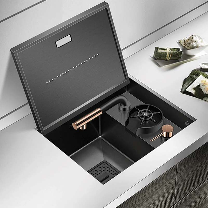 Nanometer Verborgen Bar Aanrecht Sus 304 Rvs Flip Cover Handgemaakte Wastafels Met Cup Rinser