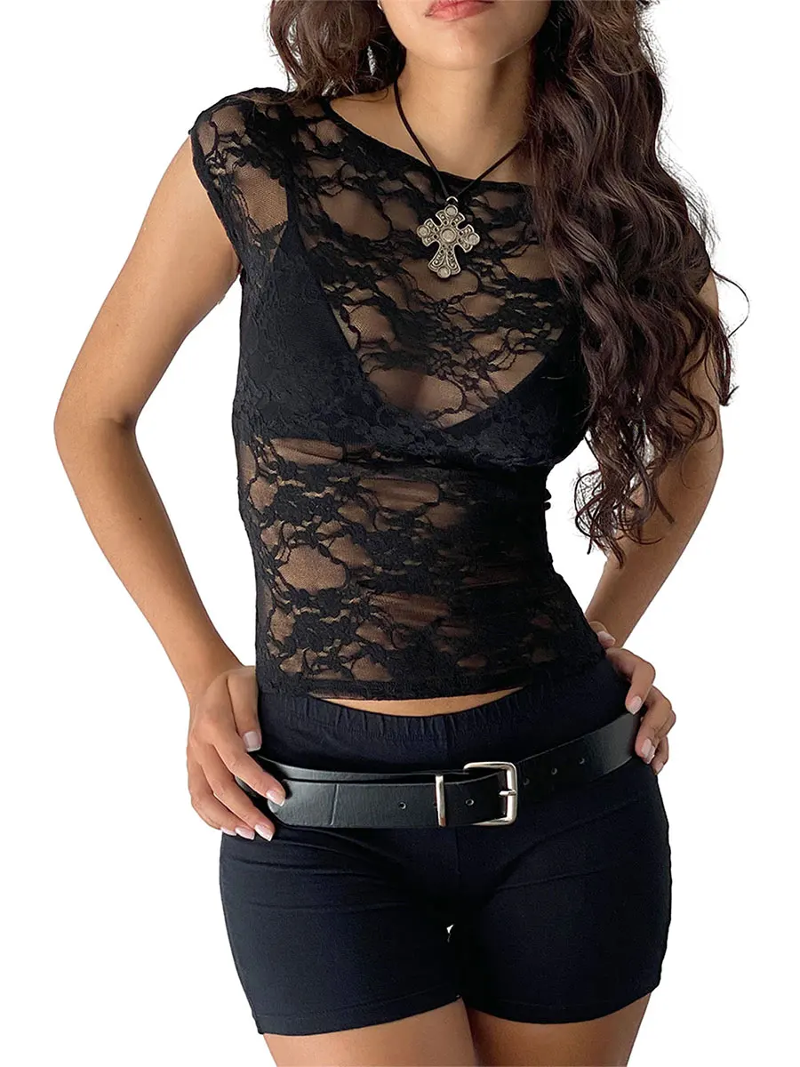 Women s Sheer Lace Tops Summer Cap Sleeve Scoop Neck Solid Color T-Shirts Blouses