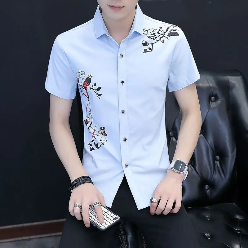 

Korean Style Short Sleeve Shirt Men's Slim Fit Casual Business Summer Wrinkle-Free Top