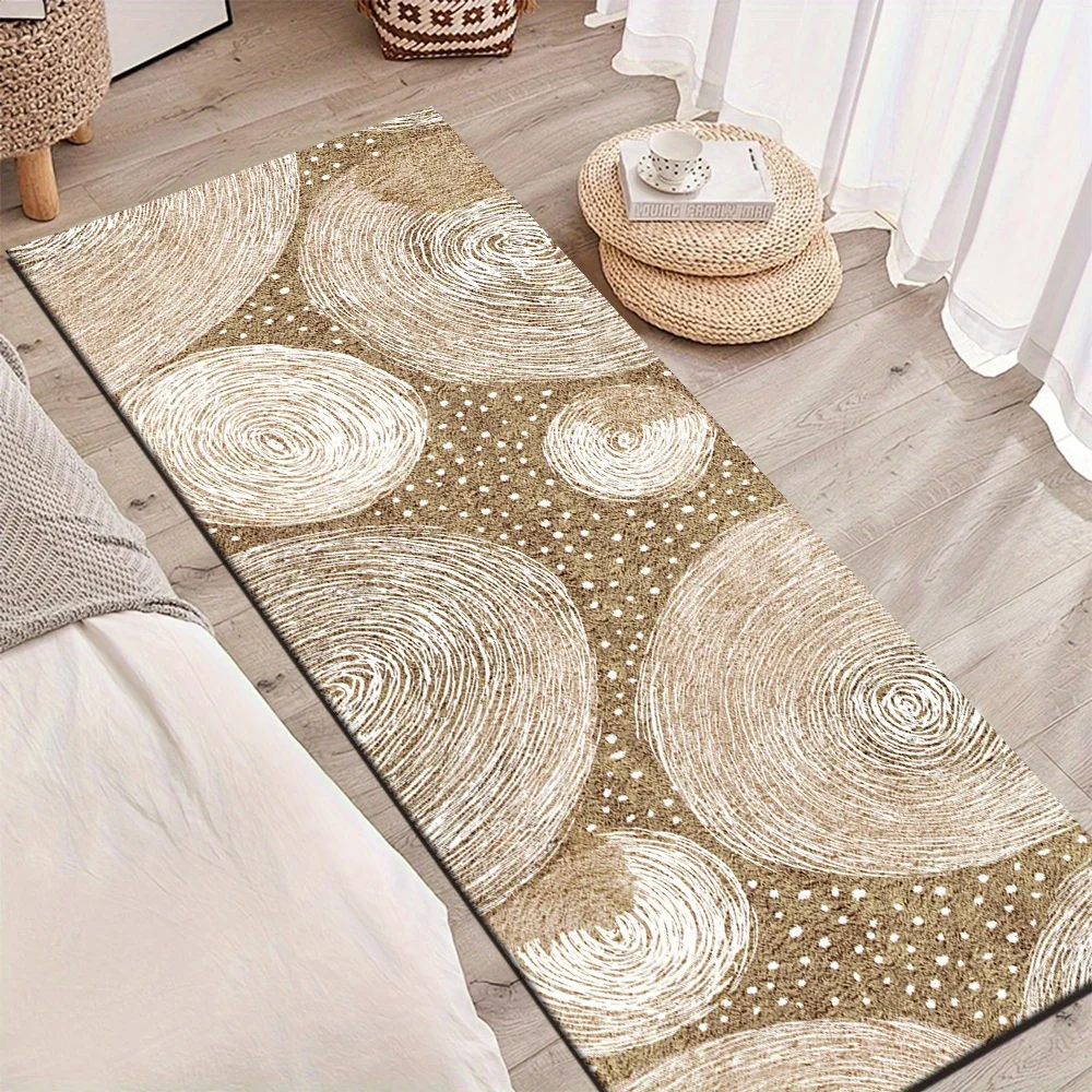 Khaki White Swirl Circle Dot Abstract Runner Rug, Non-Slip Washable Mat for Bedroom, Entryway, Hallway & Warm Neutral Home Decor