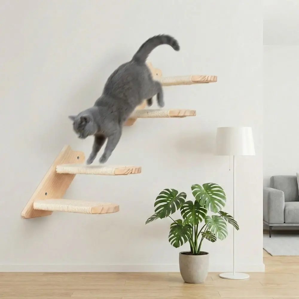 

Wooden Cat Climbing Shelf Space Saving with Cushion Sisal Rope Cat Stairs Wear Resistant Wall Mounted Cat Hammock Claw Grinding