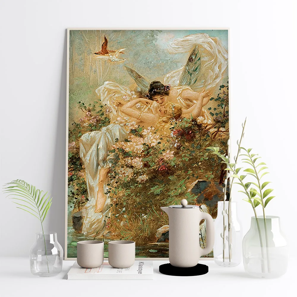 Hans Zatzka Vintage Poster Two Fairies Embracing In A Landscape With A Swan Art Nouveau Print Canvas Painting Decor Wall Picture