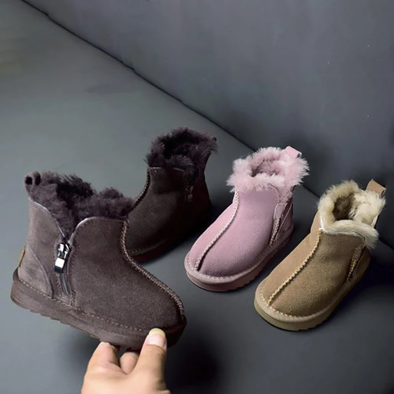 Kids Girls Snow Boots Genuine Fur Fashion Low Help Winter Warm Plush Shoes for Boys Girls Fleece Thick Cotton Boots