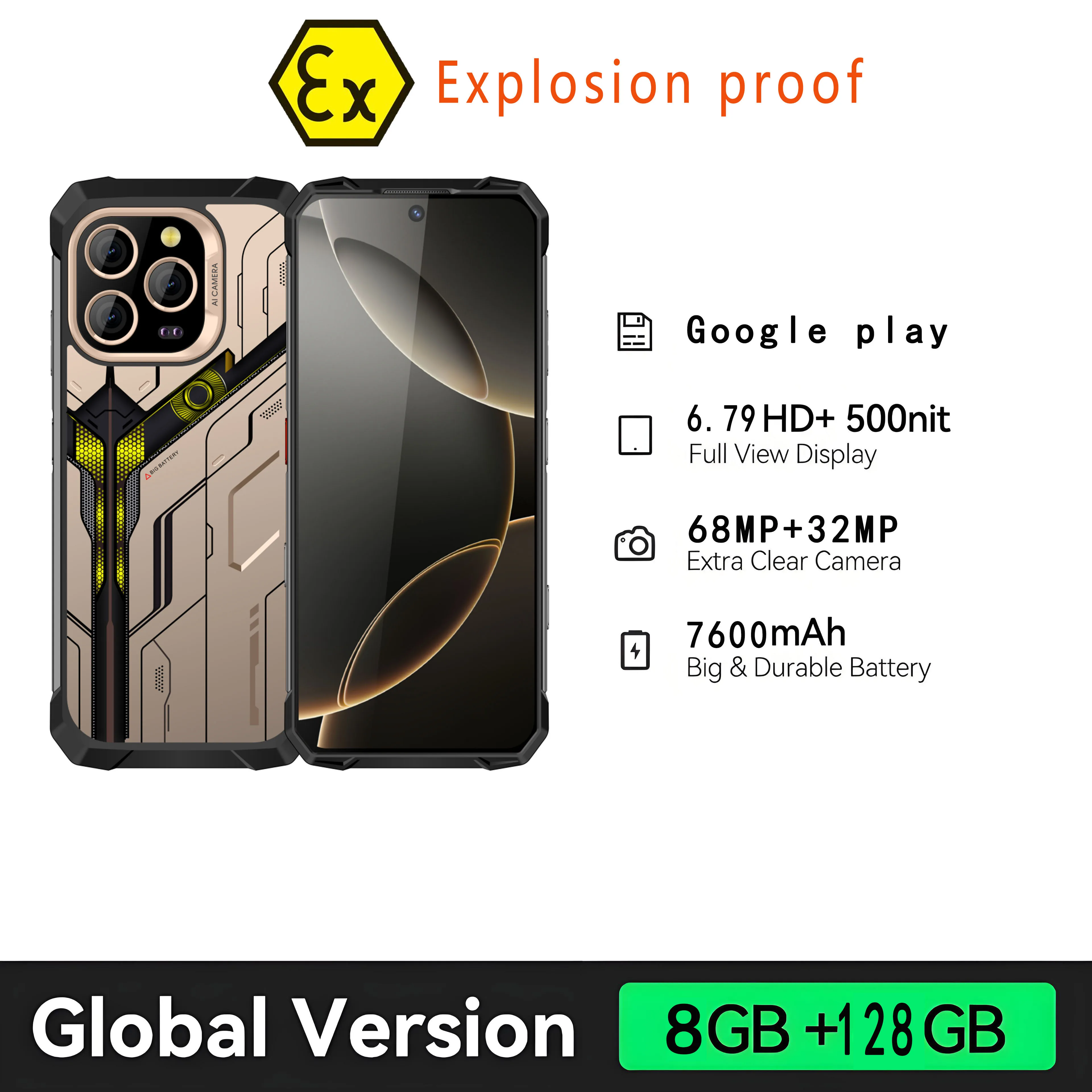 Global Google play Smartphone Explosion-proof Rugged IP68 Zello PTT 68MP 8GB+128GB NFC Night vision infrared Android 14