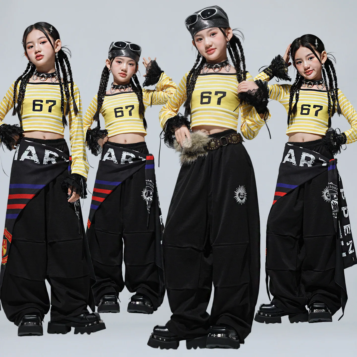 

Kid Kpop Hip Hop Clothing Yellow Striped Crop T Shirt Black Curved Blade Parachute Pants for Girls Street Dance Costumes Clothes