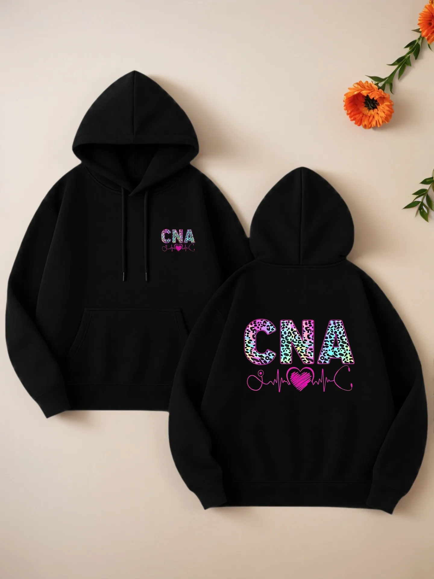 

Graphic Hoodie Women, CNA Heart Letter Print, Aesthetic Style, Fleece Lined, Casual Everyday Wear, For Teens