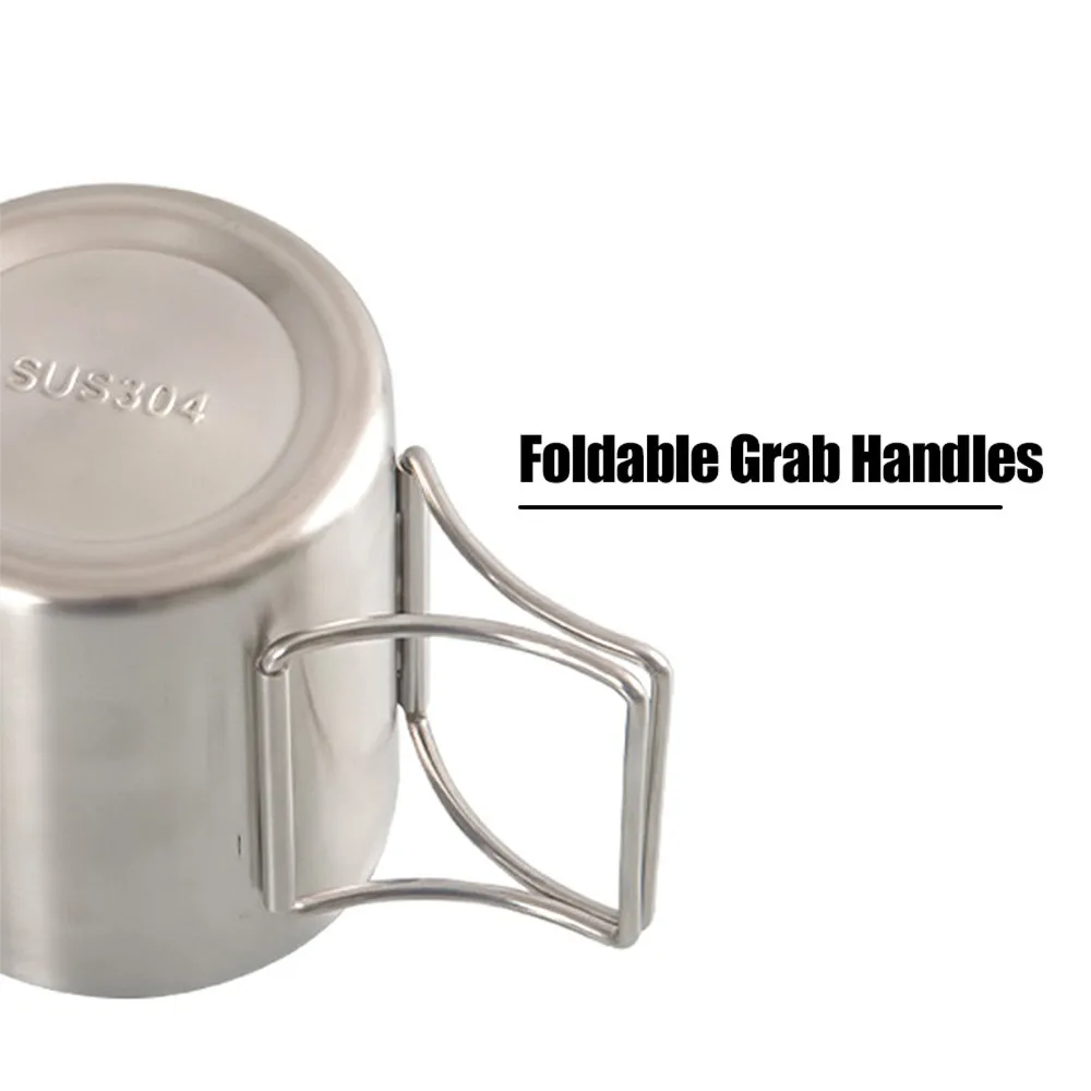 

Durable 200/300/400ml Camping Cup Foldable Handles Portable Stainless Steel Water Cup Outdoor Mug Survival Adventure