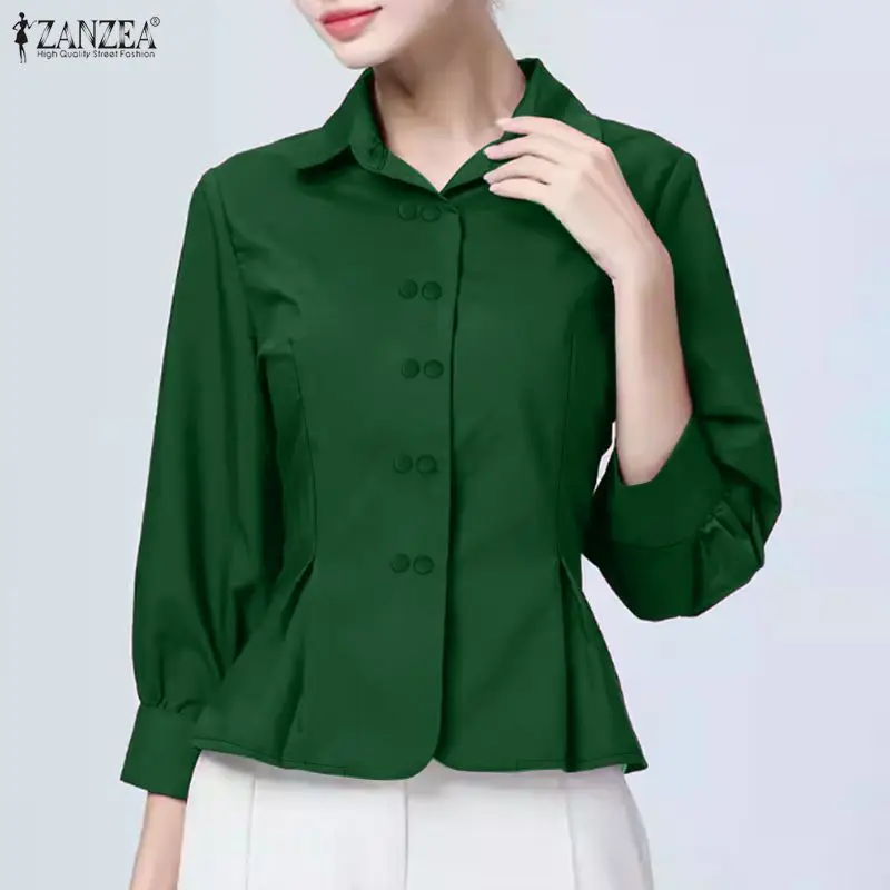 

Блузка ZANZEA 2026: модная женская офисная рубашка с элегантным отложным воротником, рукавом 3/4, однотонная, приталенная, А-силуэт