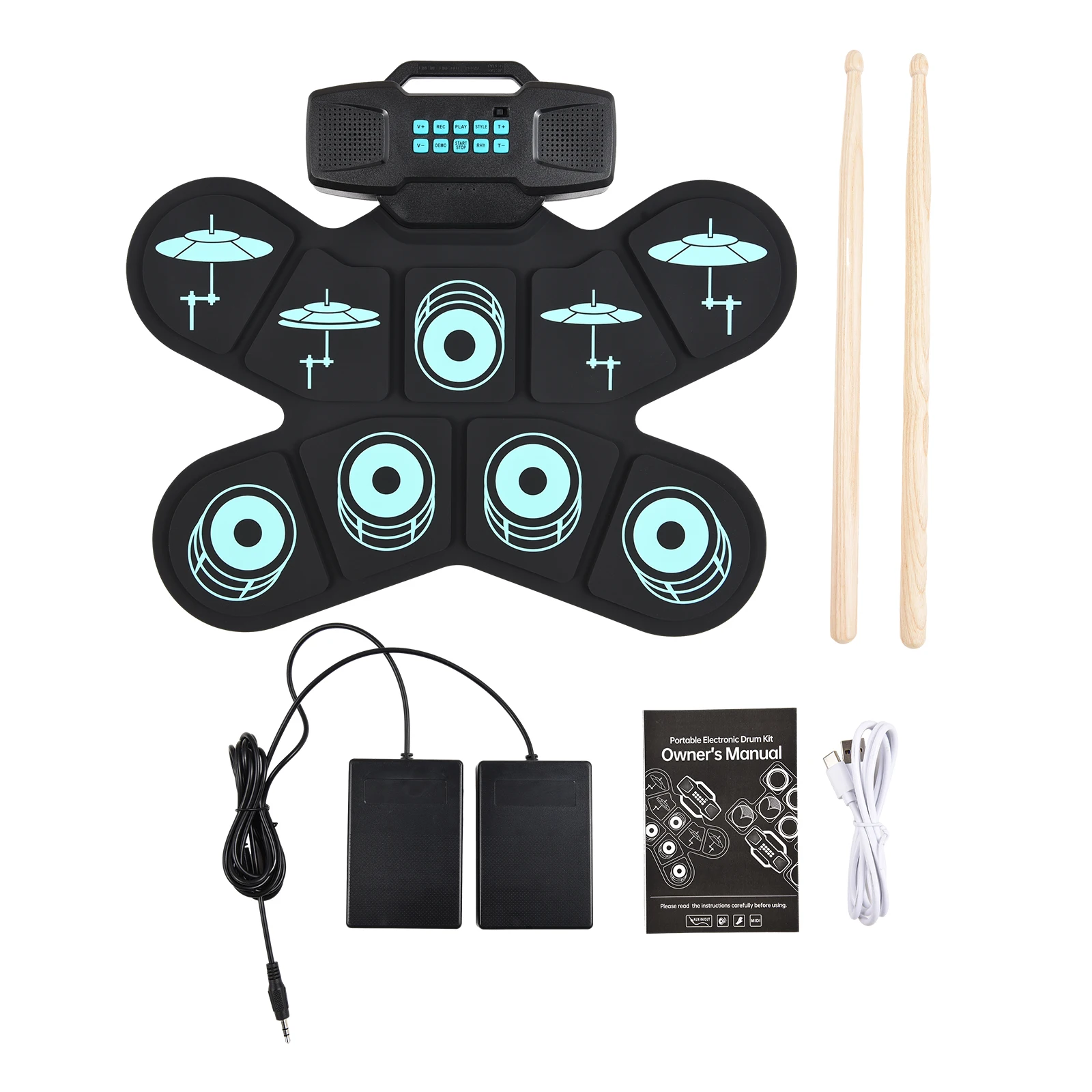 

Electronic Drum Set Hand Roll Drum Set 9 Pads Dual Speaker Rechargeable Practice Pad Drum Kit with Drumsticks Foot Pedal