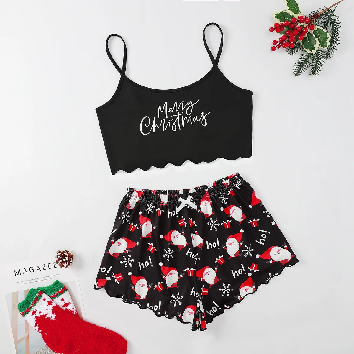 Women\'s 2pcs Cute Soft Comfy  Christmas Sexy Sleepwear  Santa Print Sleeveless  Cami Top & Shorts Homewear Pajama Set Loungewear