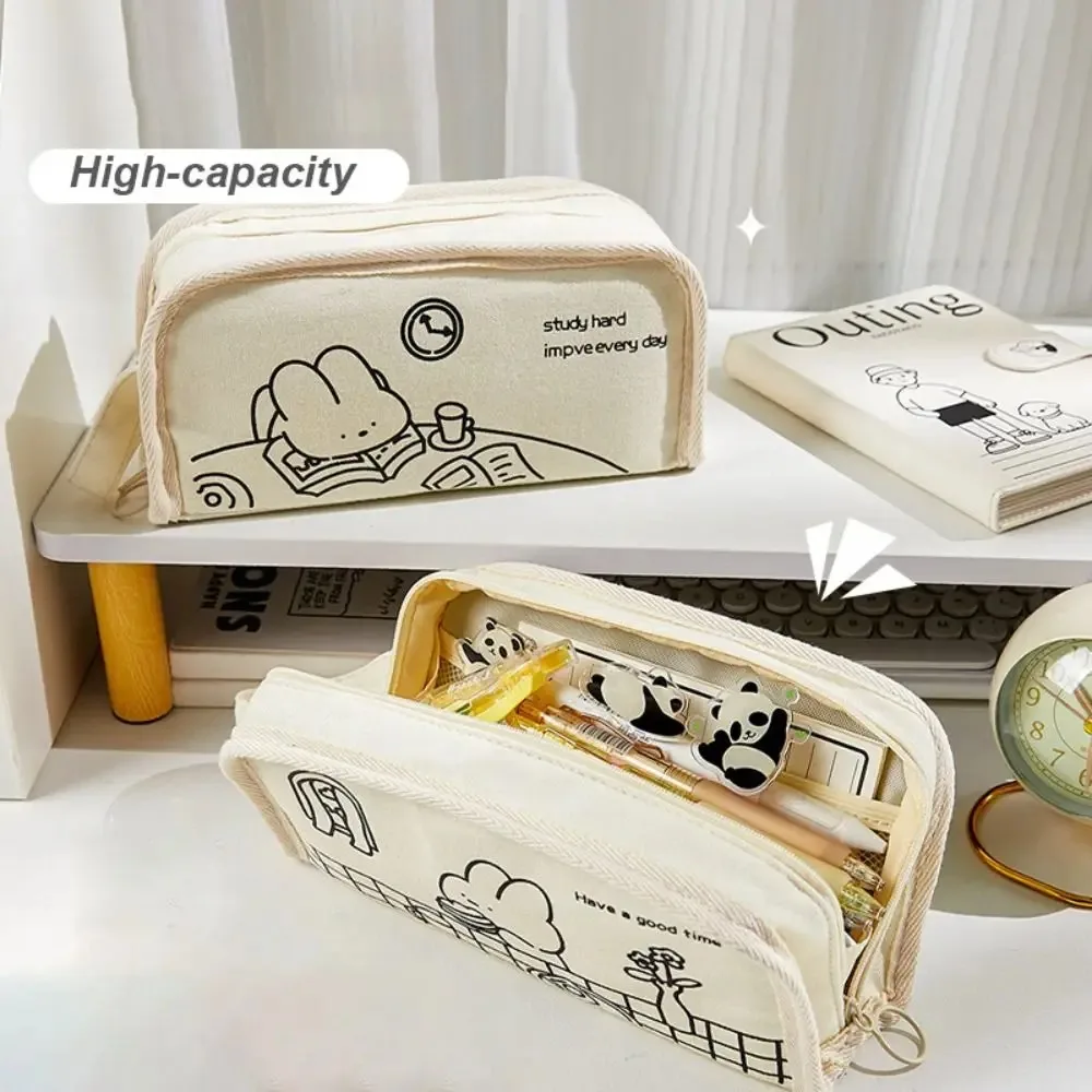 Cartoon Leinwand Große Kapazität Stift Tasche Neue Tragbare Kosmetische Schreibwaren Multi-Use-Organizer
