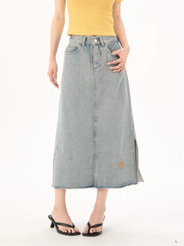 

Women's Love A-line Light Blue Split Skirt Young Girls Vintage Fashion Bottoms Female Summer High Waisted Loose Long Skirts