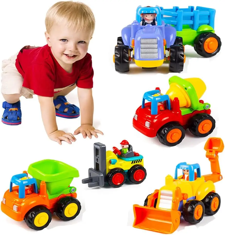 

Push and Go Friction Powered Car Toys Set: Tractor, Bulldozer, Mixer Truck, Dumper for Toddlers