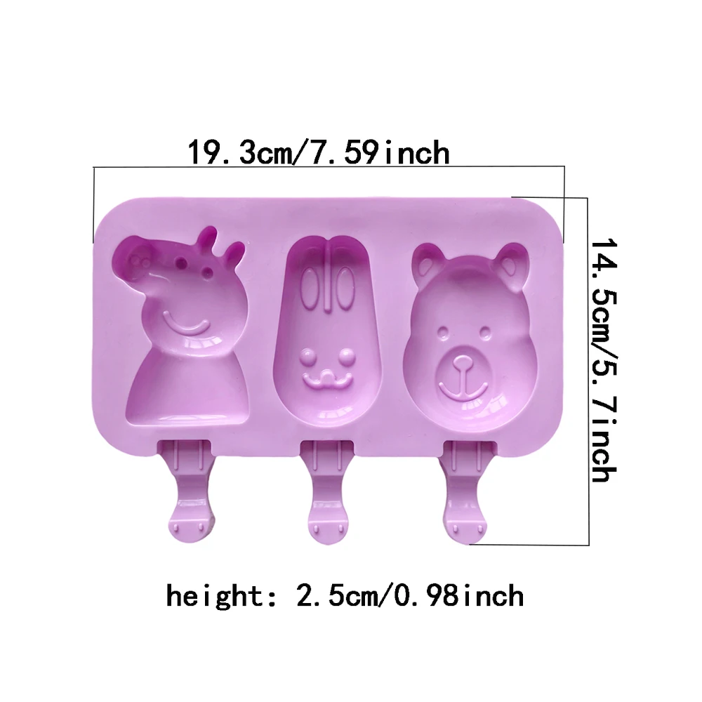 3-cavity pig rabbit bear shaped ice cream silicone mold with lid and wooden stick summer DIY ice cream ice cream ice cream tray