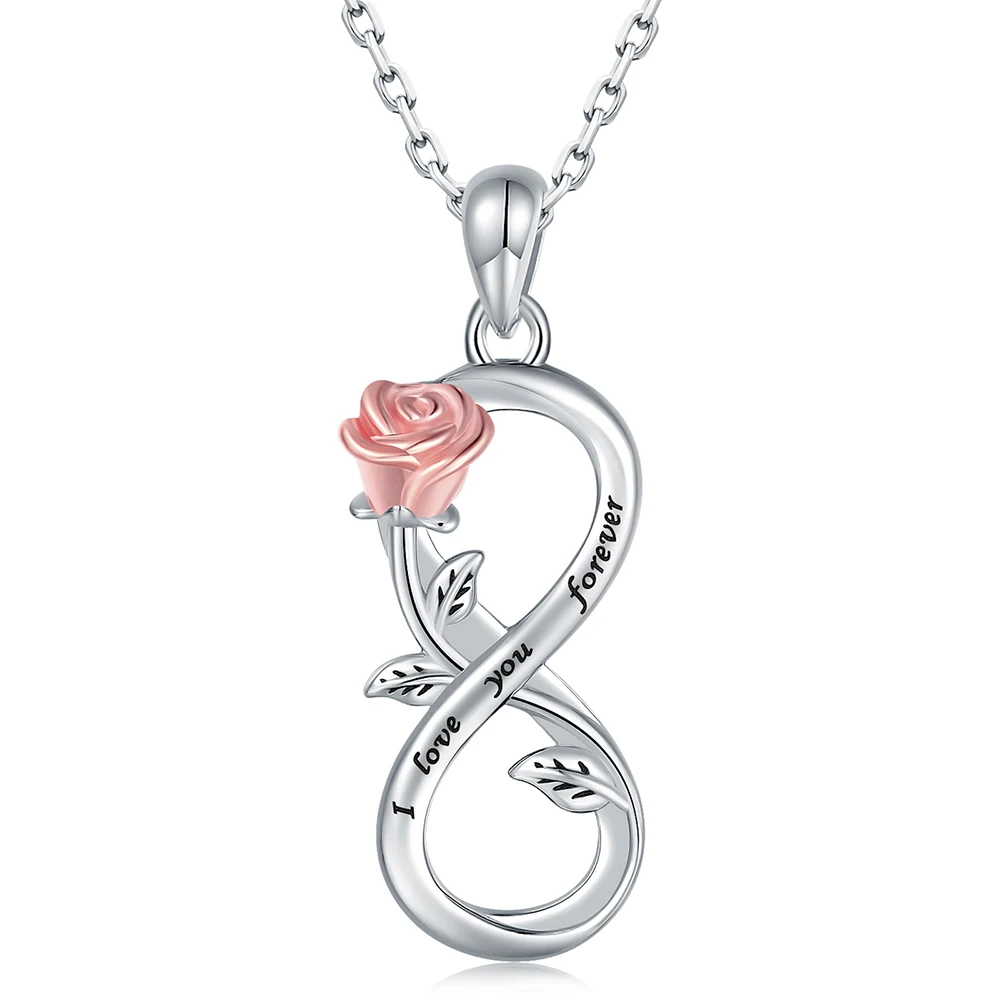 925 Sterling Silver Infinity Rose Flower Necklace Pendant Jewelry Valentine's Day Christmas Gifts for Girlfriend Wife Daughter