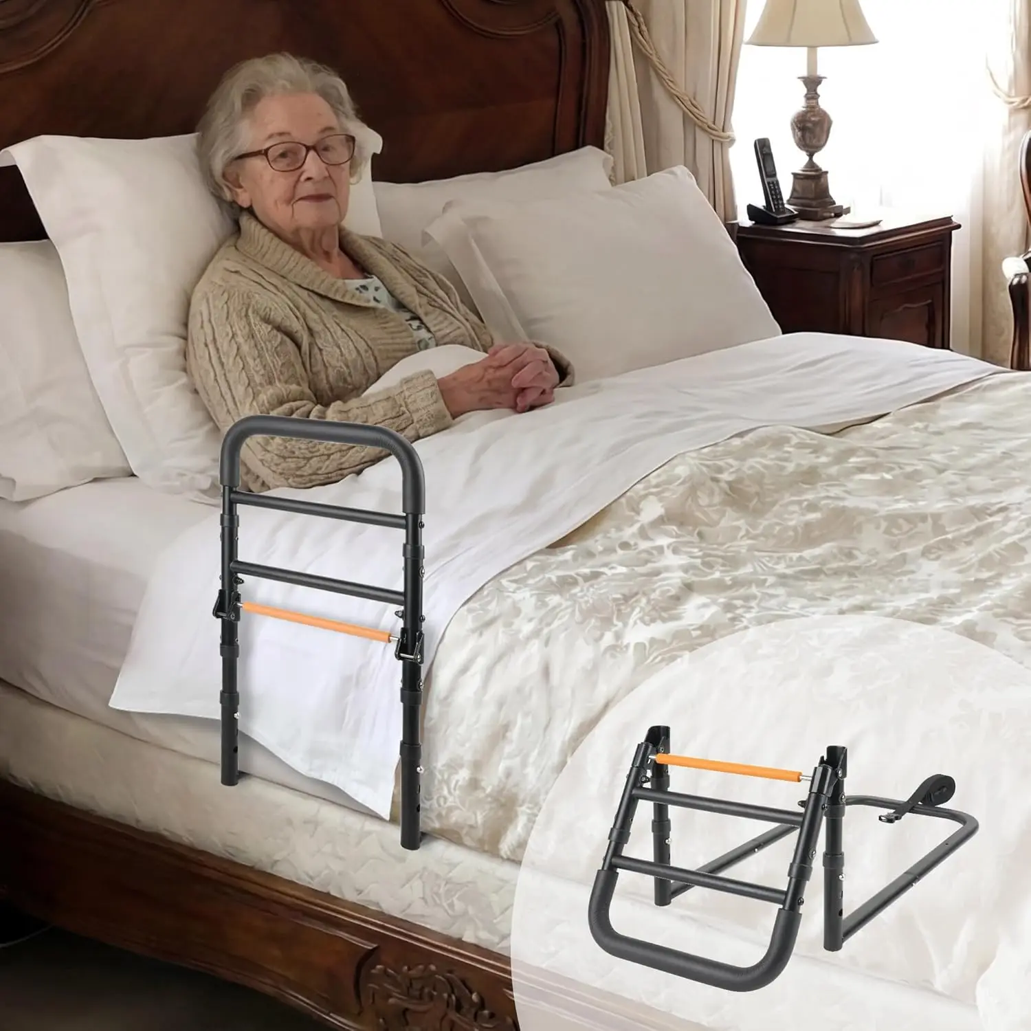 Bed Rails for Elderly Adults Safety Bed Assist Rail with Adjustable Height Tool-Free One-Hand Foldable Bed Rails for Seniors, St