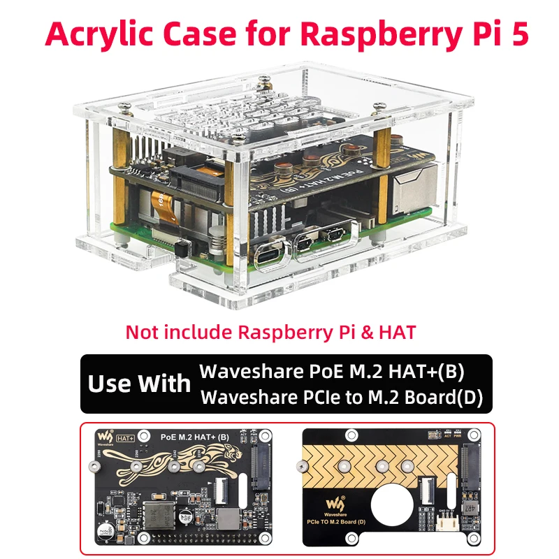 

Acrylic Case for Waveshare PoE M.2 HAT+ (B) & PCIe to M.2 Board (D) for Raspberry Pi 5 ( Only Case NOT include HAT and Pi 5 )