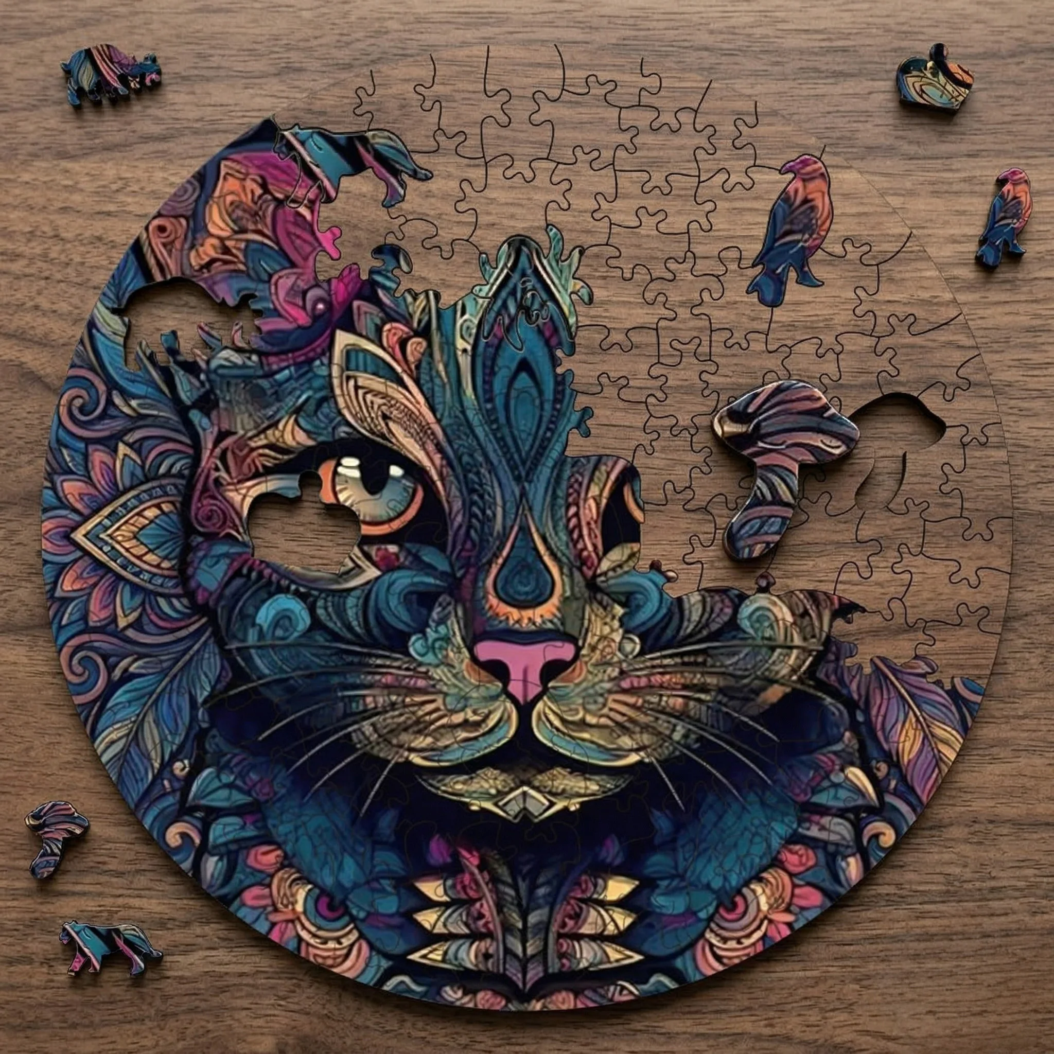 Rompecabezas de Madera Irregular con Diseño de Mandala y Gato, Estilo Boho, Kit de Modelismo para Adultos, Decoración Divertida para Habitaciones, Juguete Antiestrés, Juegos de Mesa, Regalo Perfecto