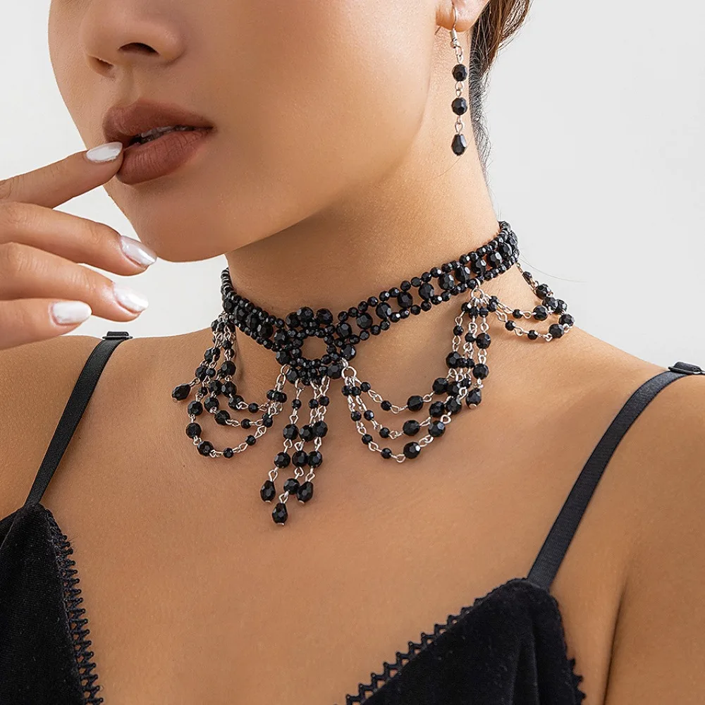 

2Pcs Multilayer Goth Black Necklace Charm Clavicle Chain Beads Tassel Necklace Women Jewelry Set Accessories