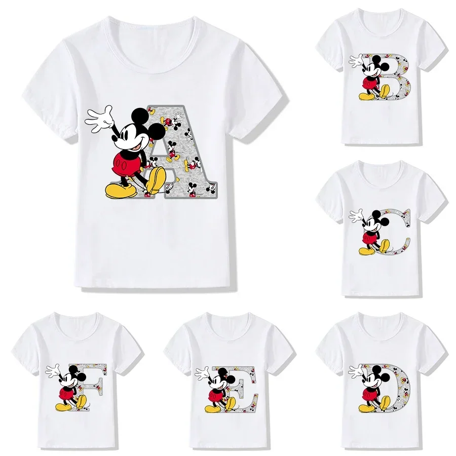 Mickey Mouse Children\'s T-Shirt Letter A B C Name Combination Tee Shirts Disney Cartoons Kawaii Kid Casual Clothes Girl Boy Tops