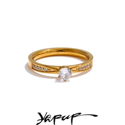 Yhpup 6789# Fashion Stainless Steel Bling Cubic Zirconia CNC Wedding Style Chic Ring 18K Gold Color Plated Finger Jewelry Gift