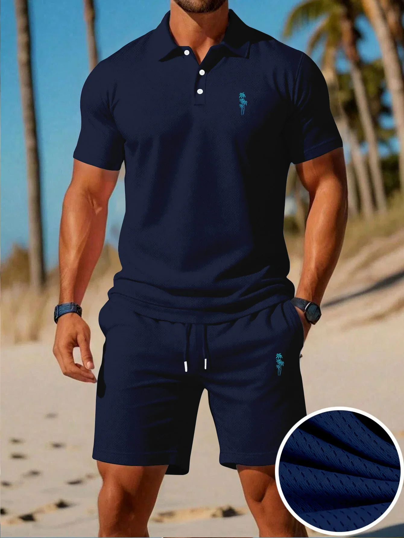 Summer New Men's Polo Shirt Set Casual Sporty Cool Fashionable Slim Fit Breathable Solid Color Short‑Sleeved Shorts Set Men's view 3