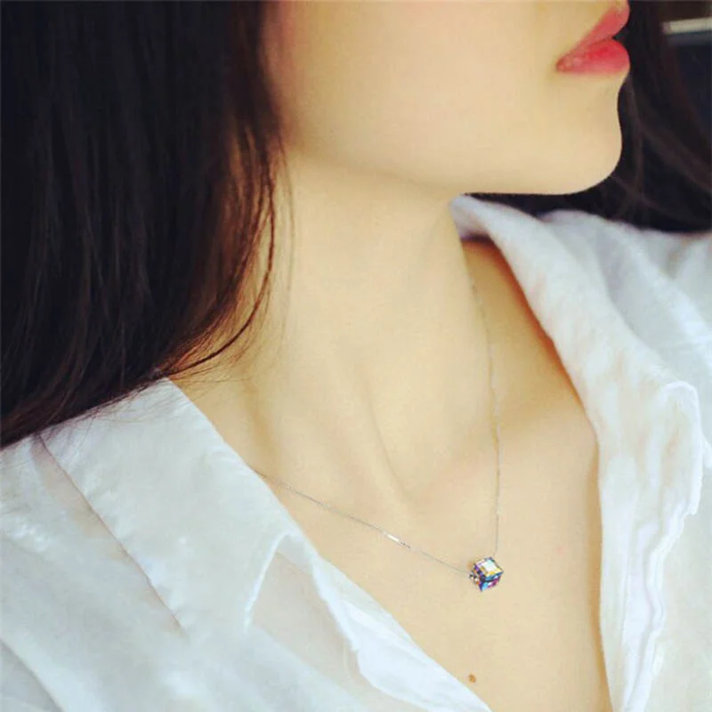 Geometric Square Colorful  Zircon Crystal Necklaces For Women Korean Fashion Sexy Female Clavicle Chain Pendant Necklace Jewelry