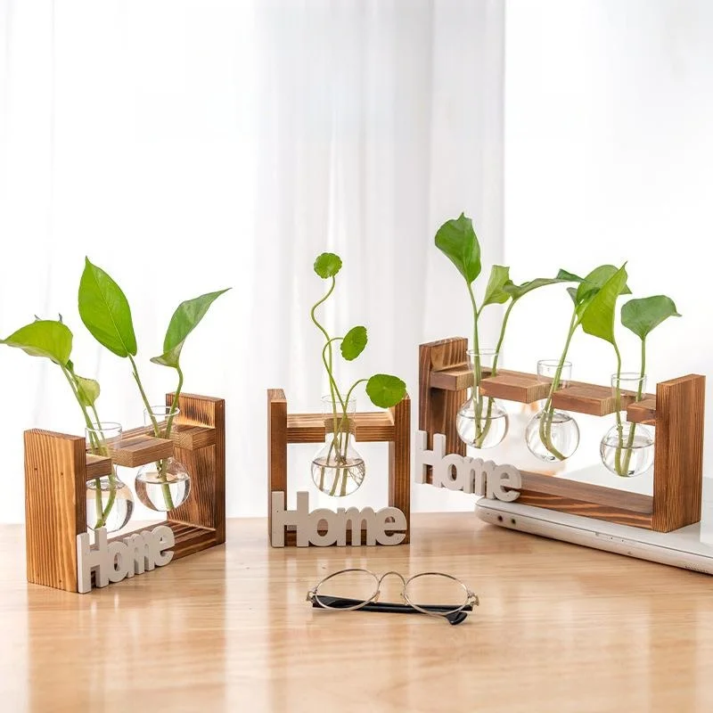 

Ретро-креативная деревянная подставка с прозрачной стеклянной вазой и деревянной подставкой с надписью, для гидропоники, для зеленых растений, цветочный горшок, для водного выращивания.
