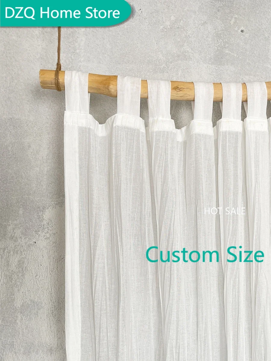 

Natural Cotton Linen White Translucent Curtains for Living Room,High-end Wrinkled Gauze Curtains for Bedroom, Tap Top,Holes Free