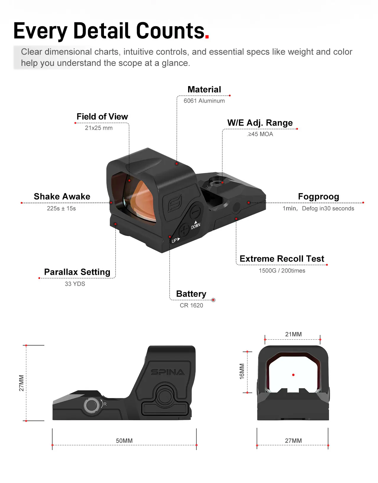 SPINA OPTICS MOS Red Dot Sight 3MOA Shake Awake 7075 Aluminum Compatible with G17 G19 G34 G45 MOS Footprints