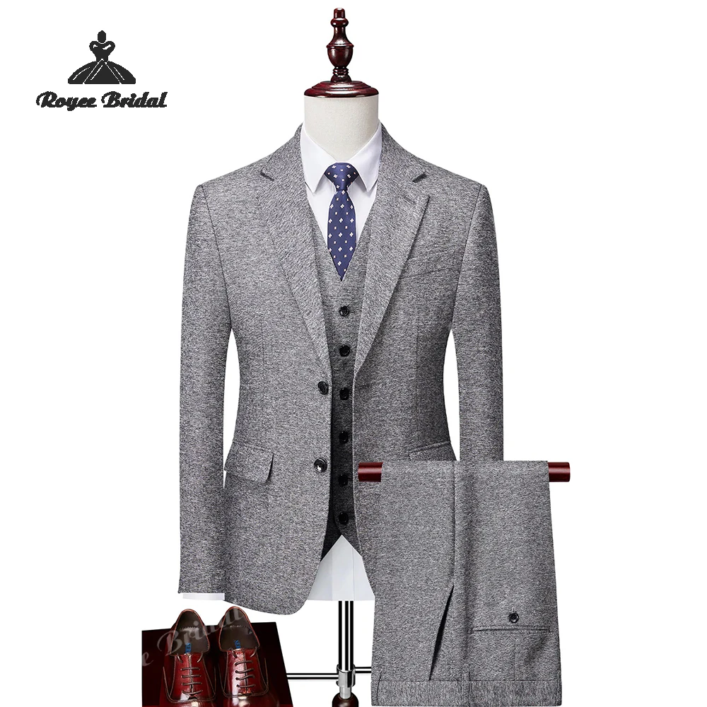 Grey Three Piece Double Breasted Men's Wedding Suit 2026 Notch Lapel Evening Suit Customized trajes para hombre